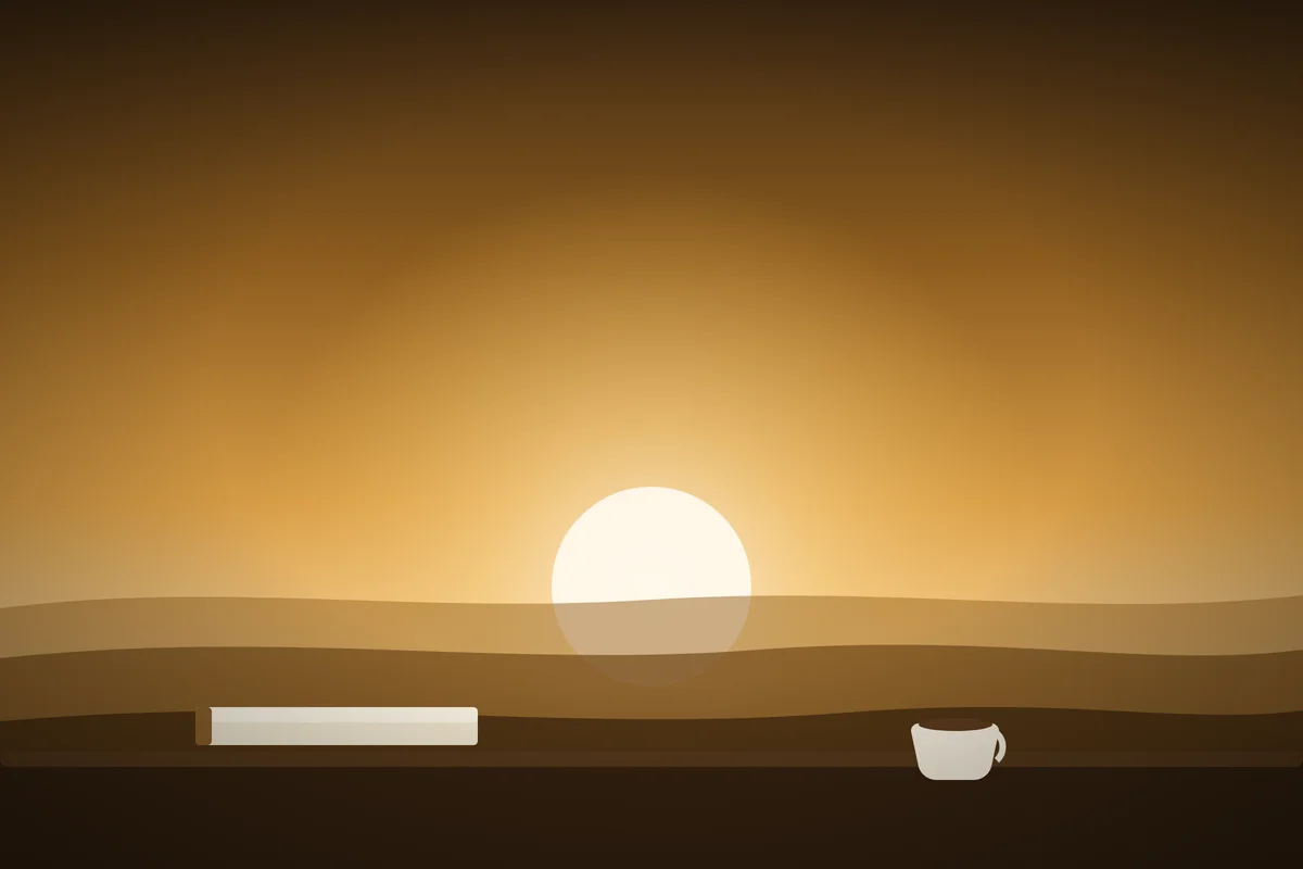 Sunrise seen from a window seat, with an open notebook and a cup of tea on the sill.
