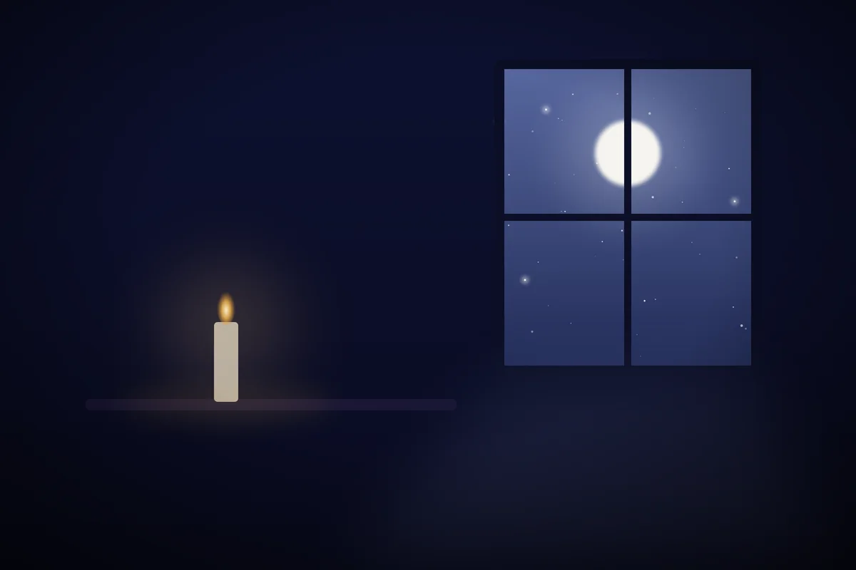 A quiet room at night lit by a single candle and moonlight through the window.