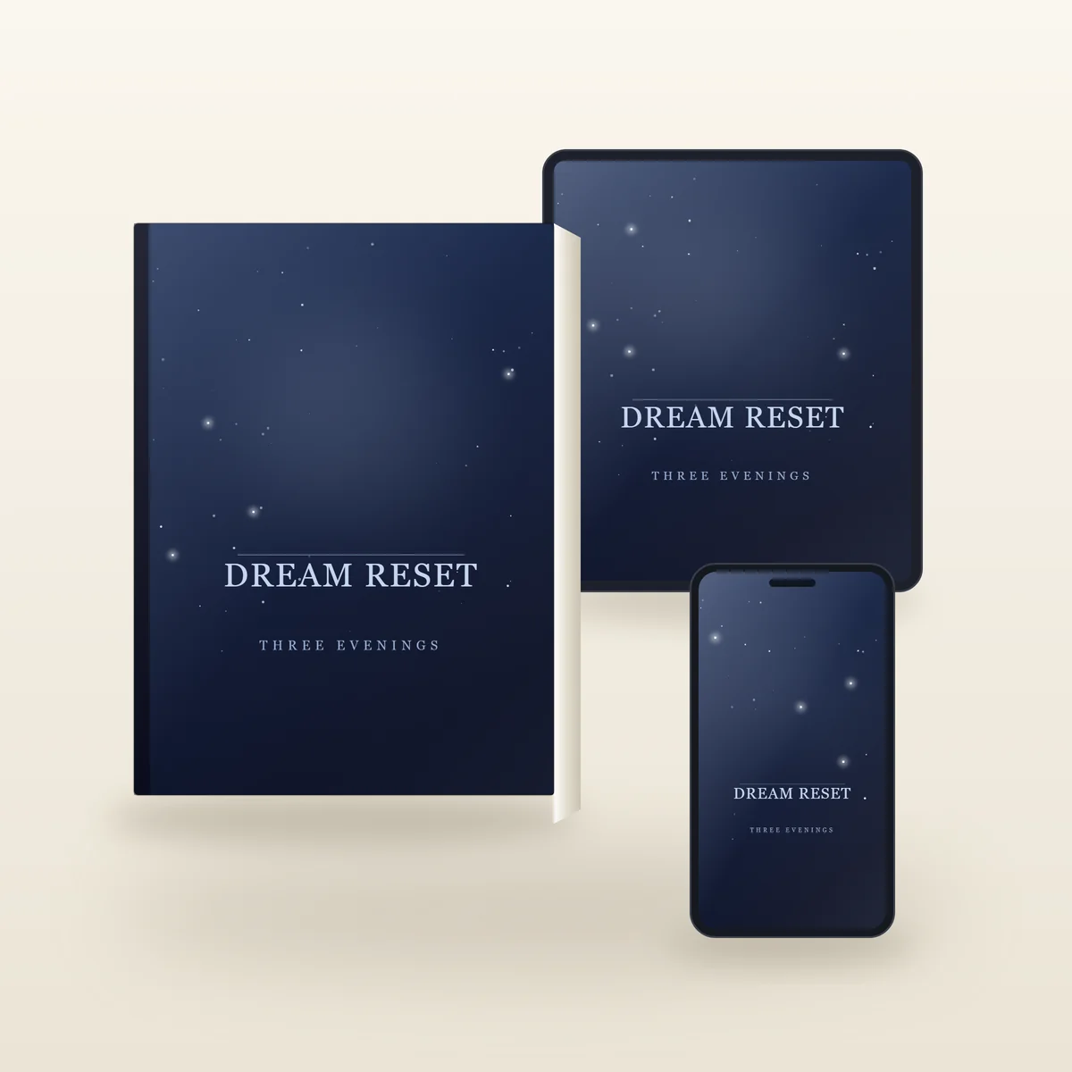 Dream Reset: the guide and the wind-down audio, shown on a book and a phone.