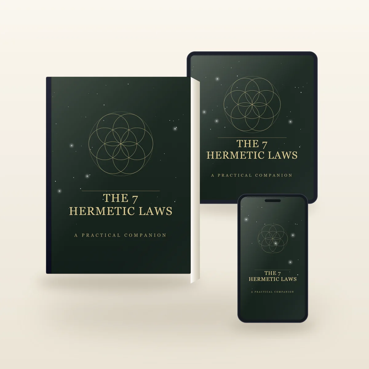 The 7 Hermetic Laws: the guide and the printable chart, shown on a book and a tablet.